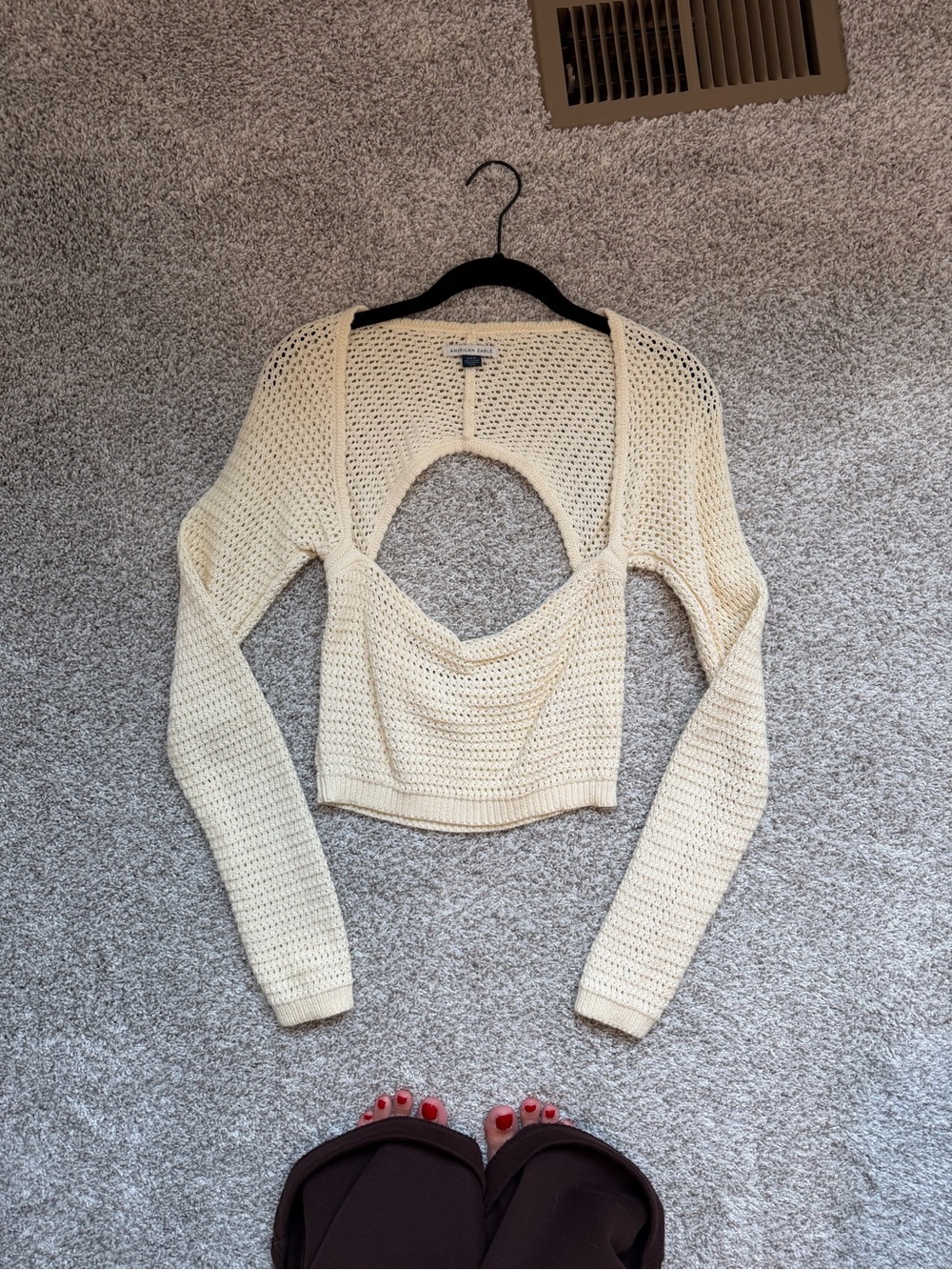 American Eagle Outfitters Open-Back Crochet Crop Sweater - Cream